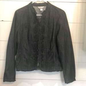 Christopher & Banks Black Denim Jean Jacket Embroidery Embellishment Size Medium